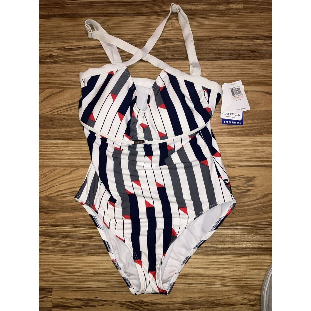 Nautica Women's Cross Back One PC Swimsuit Swim Size 10 White Navy NWT
